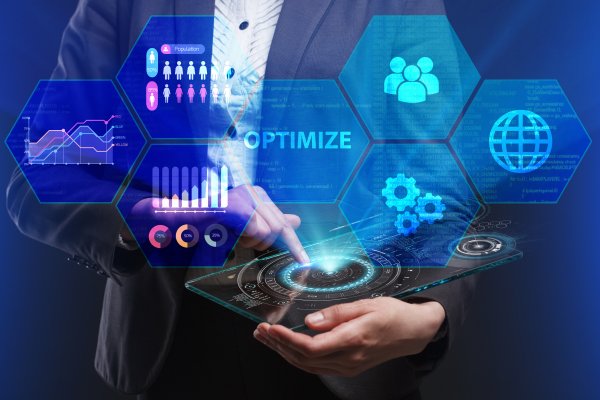 Advanced System Repair system optimizers man in suit on tablet touching screen optimizing system